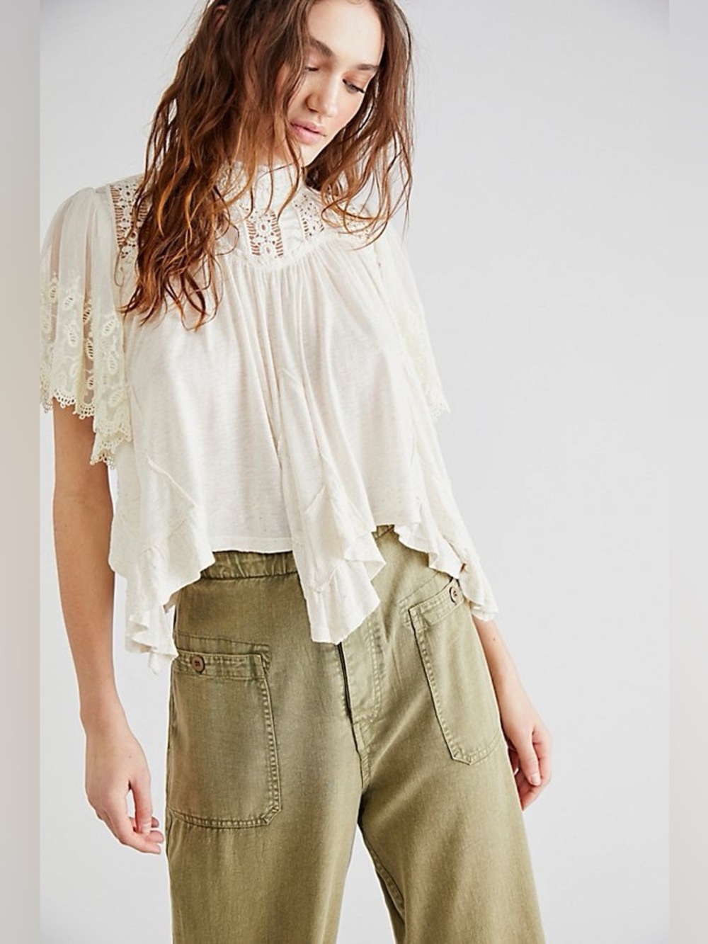 Free People Savannah Lace Sleeve Mock Neck Handkerchief Top NWT XS boho